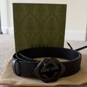 Gucci Black Embossed Leather Belt with Dark Interlocking Buckle